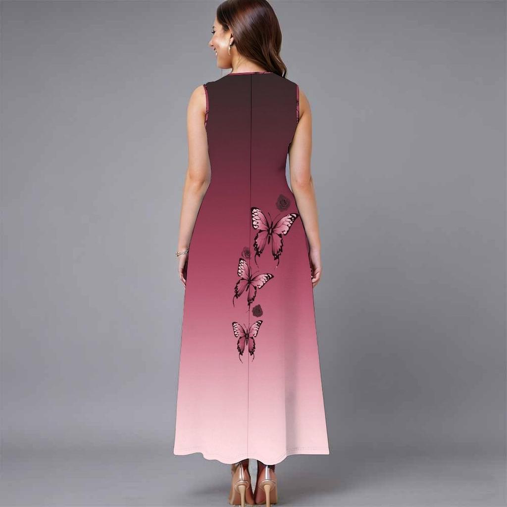 Women Loose Sleeveless Round Neck Dress Elegant Watercolor Floral Branches Calf Length Gown