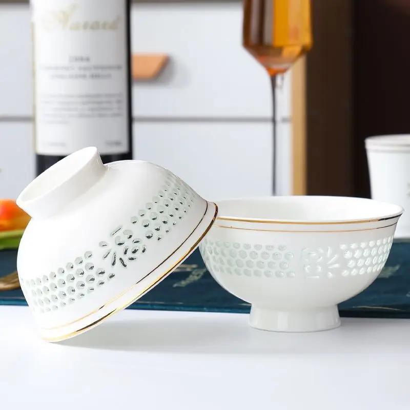 Keramik reinweiß exquisit Haushalt Chinesisch hochtemperaturbeständig hoher Fuß Anti-Verbrühung Reisschüssel