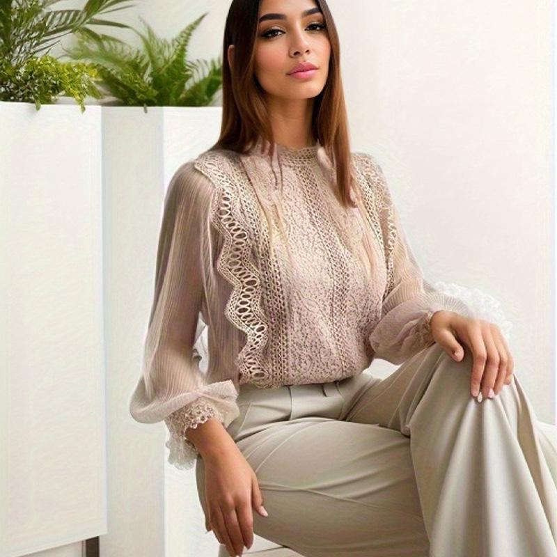 

Новый элегантный однотонный сетчатый топ с длинными рукавами и буфами из кружева для женщин L