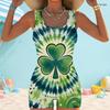 Women Plus Size Square Neck Wide Straps One Piece Boyshort Swimsuit Green Clover Printed