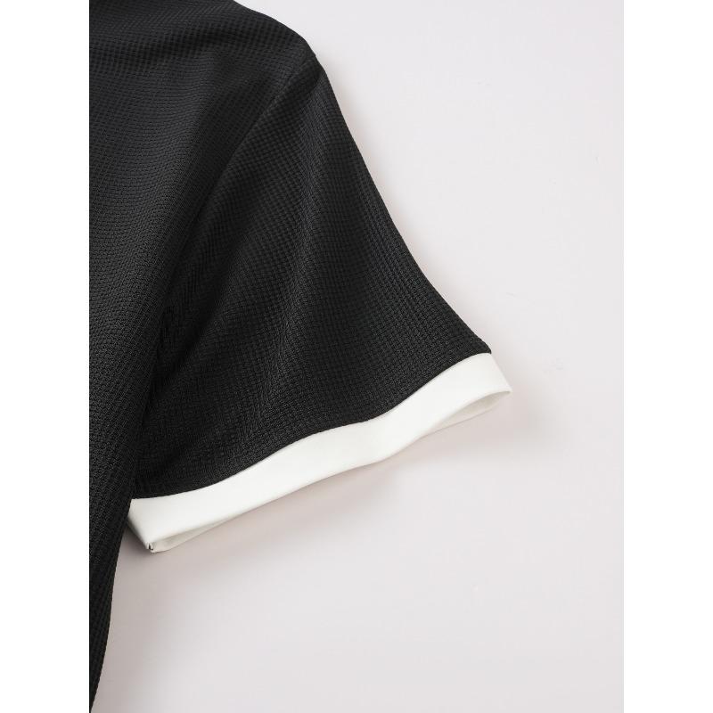 Men's Waffle Knit Color Block Hooded Drawstring Button Short Sleeve T-Shirt.
