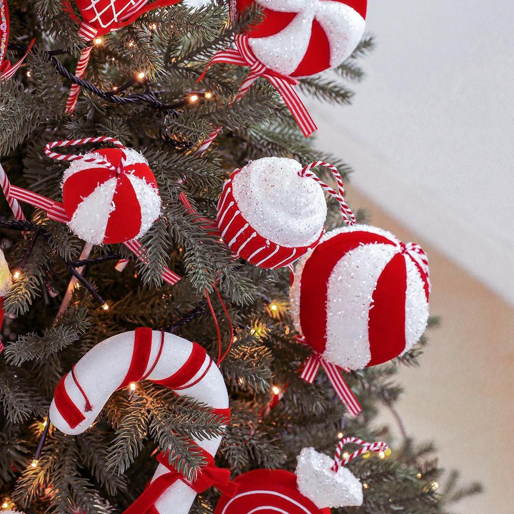 Red & White Plush Candy Christmas Balls Ornaments for Tree Decoration