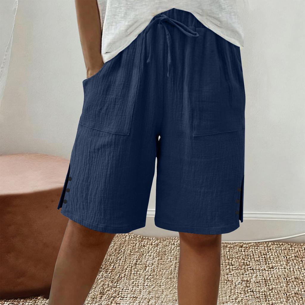 Women's Large Shorts Summer Casual Wide Leg Knee High Waist Cotton Pocket Long Shorts