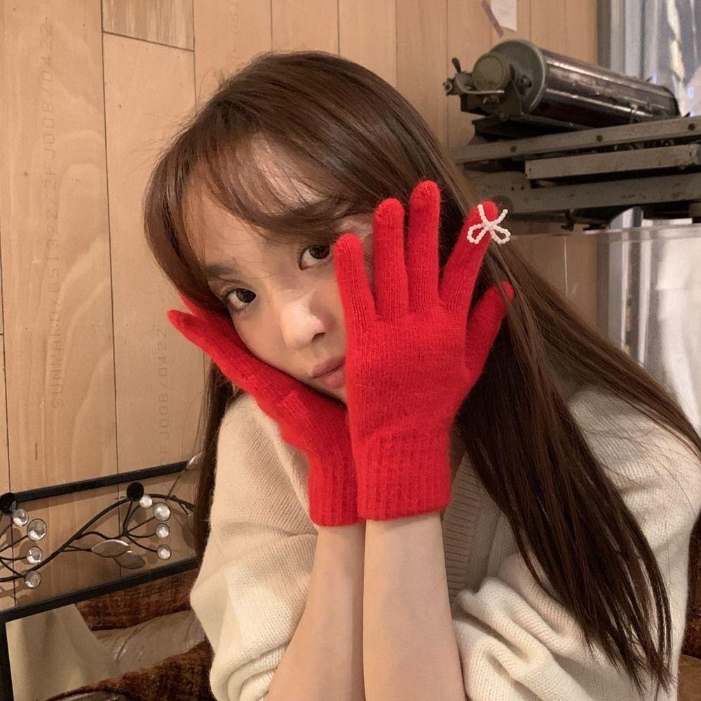 Candy Colored Women Winter Gloves Bowknot Women Mittens Lovely Pearl Bow Knitted Gloves Outdoor