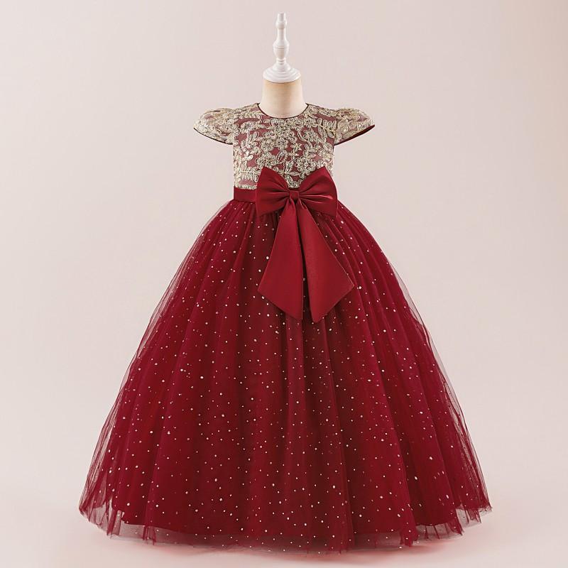 Girls Formal Dress Kid Puff Sleeve Sequin Wedding Bridesmaid Floor Length Party Gown