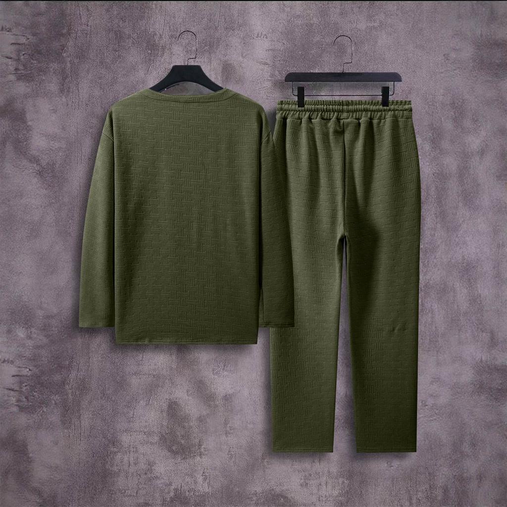 Men'S Stand Up Collar Button Casual Long Sleeved Shirt Long Pants Sports Suit