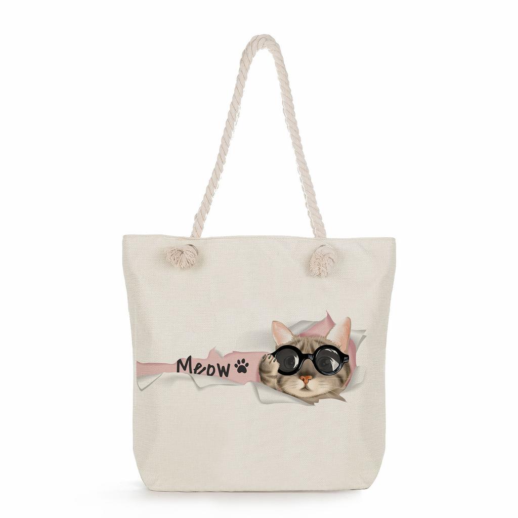 Cat print thick rope single-shoulder beach bag 7268 CLE