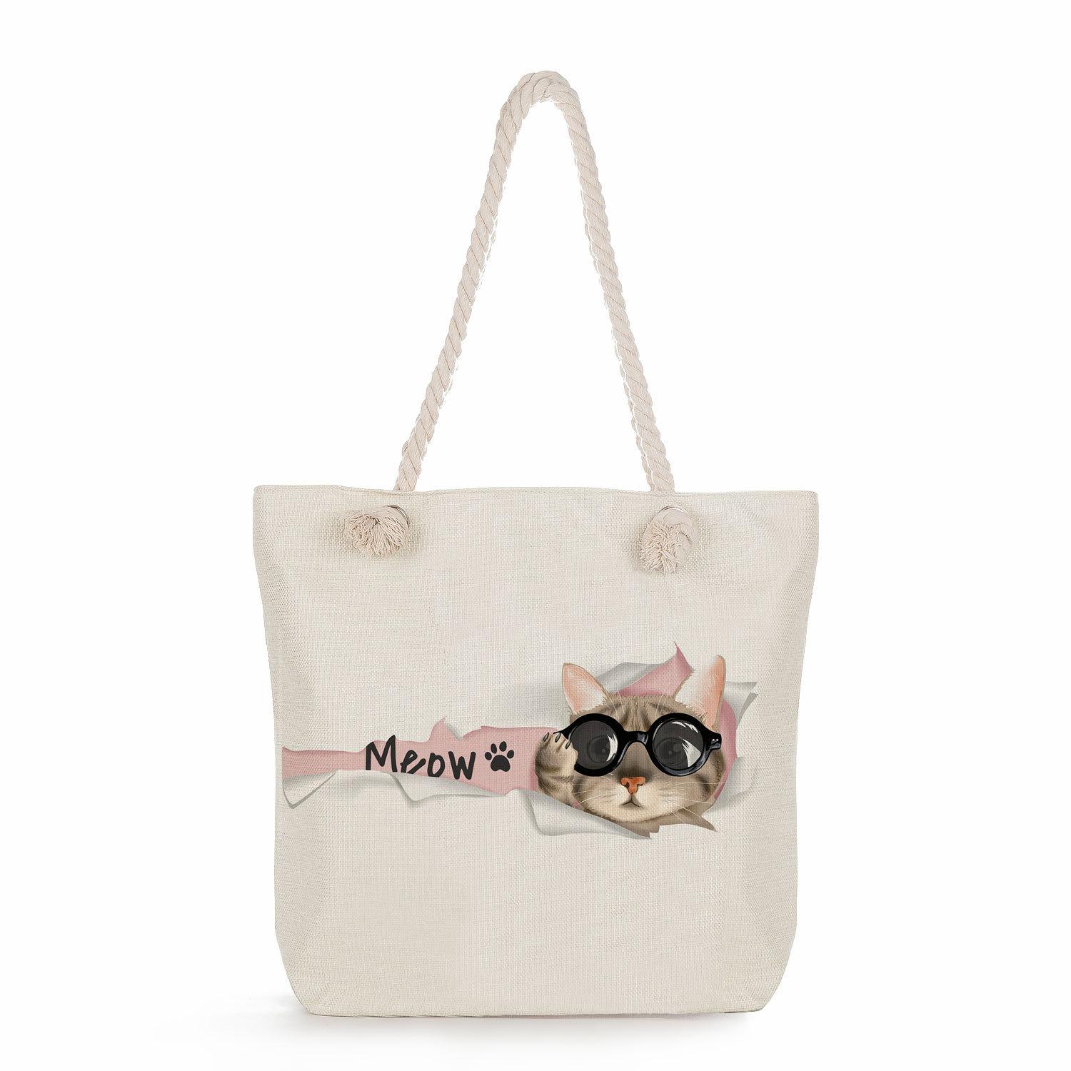 Cat print thick rope single-shoulder beach bag 7268