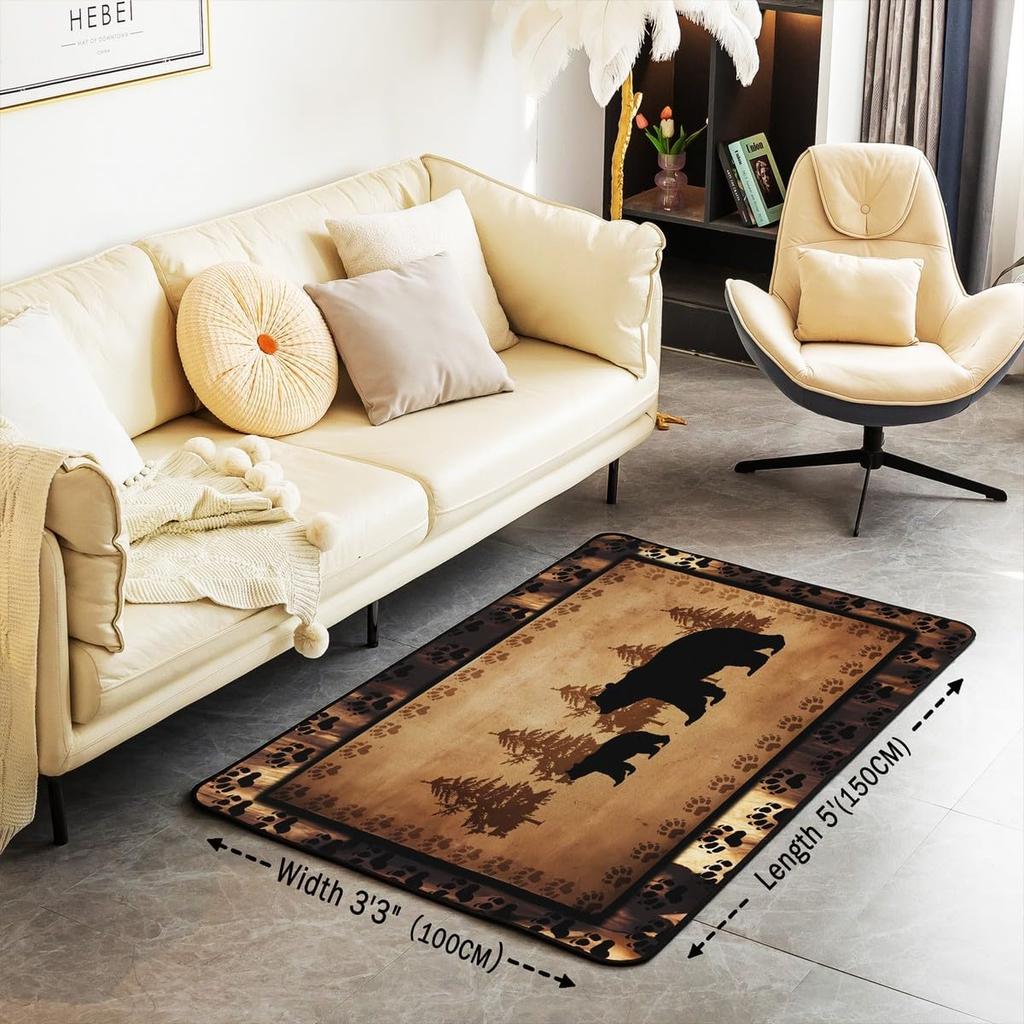 Farmhouse Bear Area Rug for Kids Bedroom and Living Room, Retro Brown Paw Print Carpet, Wild Animal Decorative Floor Mat