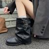 Fashion Women's Pleated Cuffed Boot Spring 2025 Mid-Calf Chunky Heel Black Short Boot for Skirts Round Toe Polyurethane Rubber