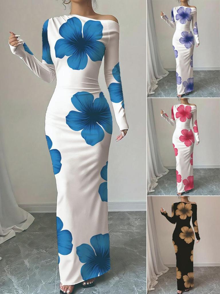 Nuovo Abito Lungo Stampato Autunnale Elegante Aderente Manica Lunga Donna Pronto