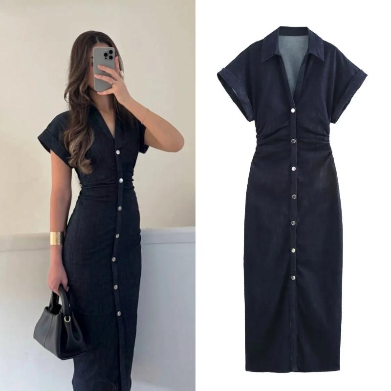 

LYRIA 2025 traf Spring New 1975 series denim MIDI dress with lapel side zipper fashion wrinkle waist slim elegant dress S