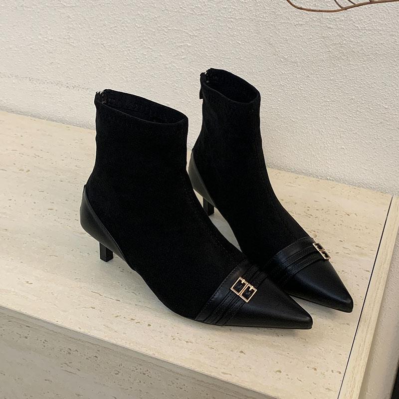 

Fashion Fashion Thin Heels Ankle Modern Boots Shoes For Ladies Female Pointed Toe Footwear Flock Women Short Boots Zippers Shoes 35 чёрный