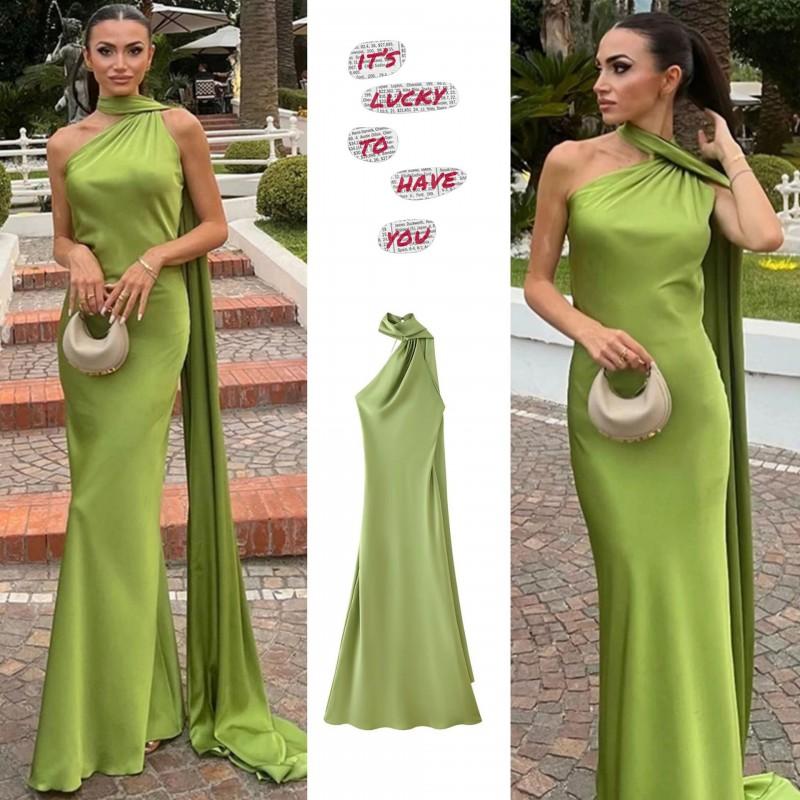 Elegant Off-Shoulder Backless Wrap Tie Neckline Maxi Dress Women 2025 Slim Fit High Waist TR Fabric