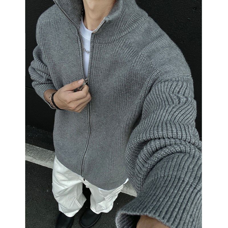 No Logo Official Lazy Style Sweater for Men, Autumn and Winter Double Zipper Cardigan, Stand Collar Knitwear Jacket for Boys