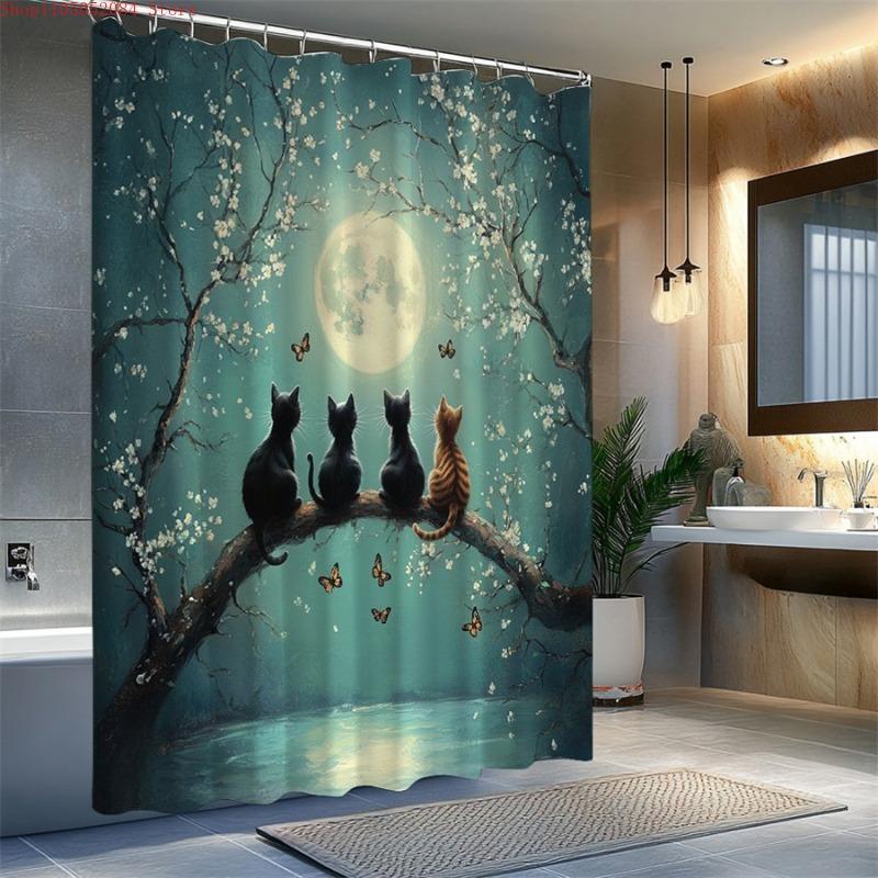 1pc Moonlight Cats Shower Curtain Surreal Fantasy Digital- With Hooks Waterproof Mildew Proof Easy Install Washable