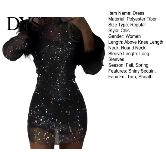 Sequin Embellished Bodycon Dress Lady Evening Fluffy Faux Fur Decor Slim Fit Round Neck Long-sleeved Sheath Mini Long Sleeves Mesh Prom Party