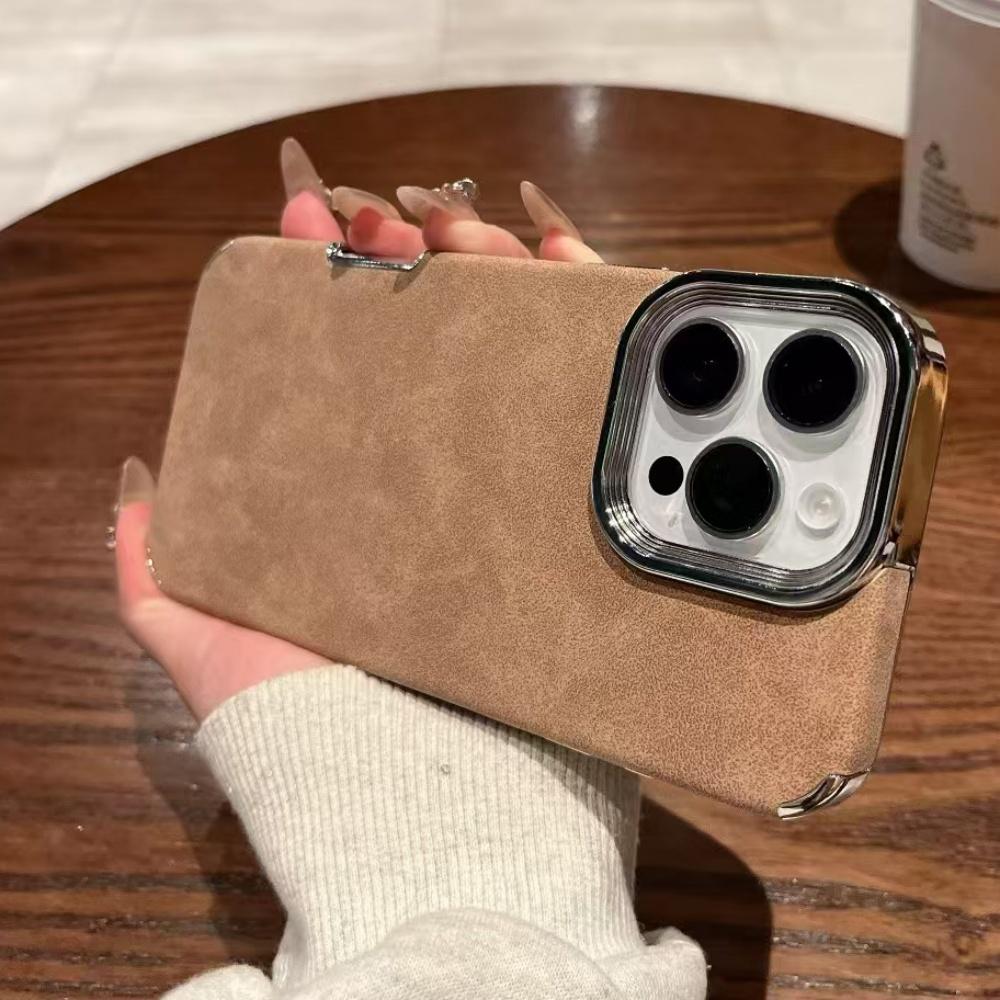 Luxury Business Leather Pattern Protective Phone Case For iPhone 14 16 Pro Max 15 13 12 Plating Lens Simple Solid Color Cover