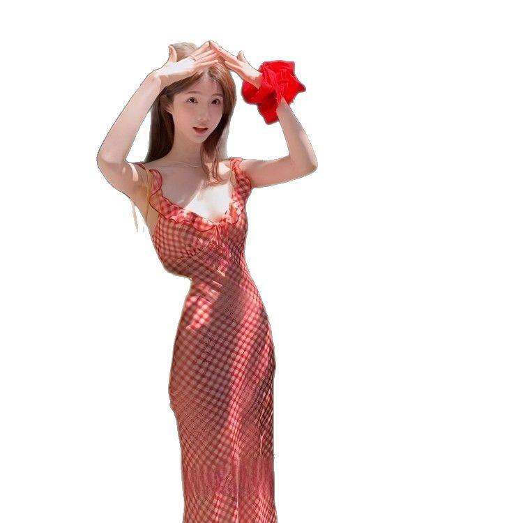 Ripe Cherry Red Plaid Suspender Fishtail Skirt Women's Spring and Summer New French Gentle Seaside Vacation Dress