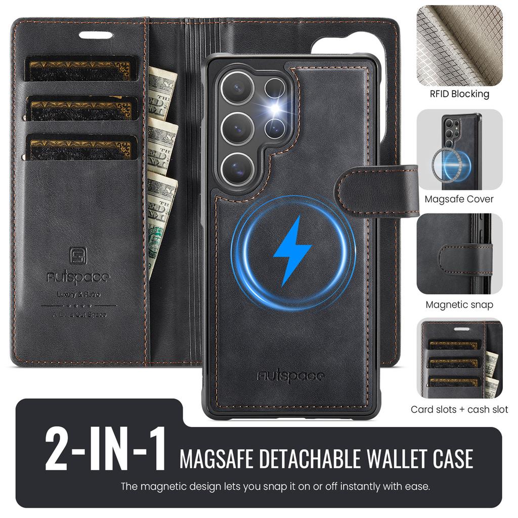 2-in-1 Magnetic Detachable Wallet Case for Samsung Galaxy S24/S24 Plus/S24 Ultra - PU Leather, Card Slots, Wireless Charging, 360° Protection