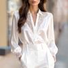 White Women's Shirt Spring and Autumn Lace V-neck Long Sleeve Loose Casual Satin Shirts Women Solid Color Single Breasted Simple Office Lady Blouse