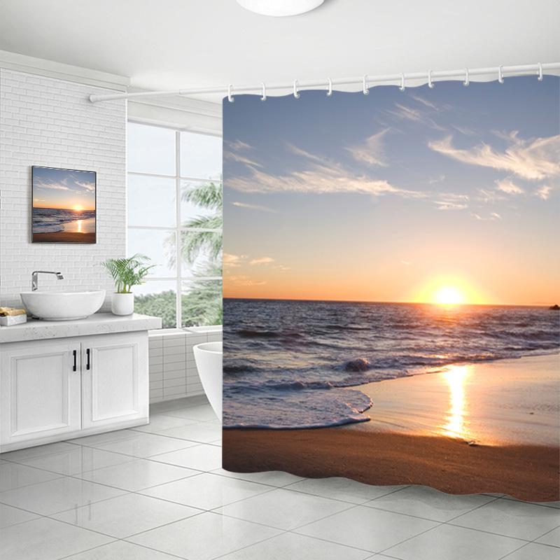 Shower Curtain Bathroom Fabric Non-Punching Beach Natural Scenery Digital Printing Shower Curtain With 12 Hooks