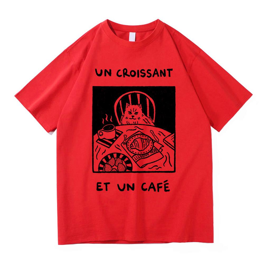 Vintage French Cafe Cat T Shirt Fashion Men/Women Funny Letter Un Croissant Et Un Cafe T-Shirt High Quality Cotton Tees Shirts