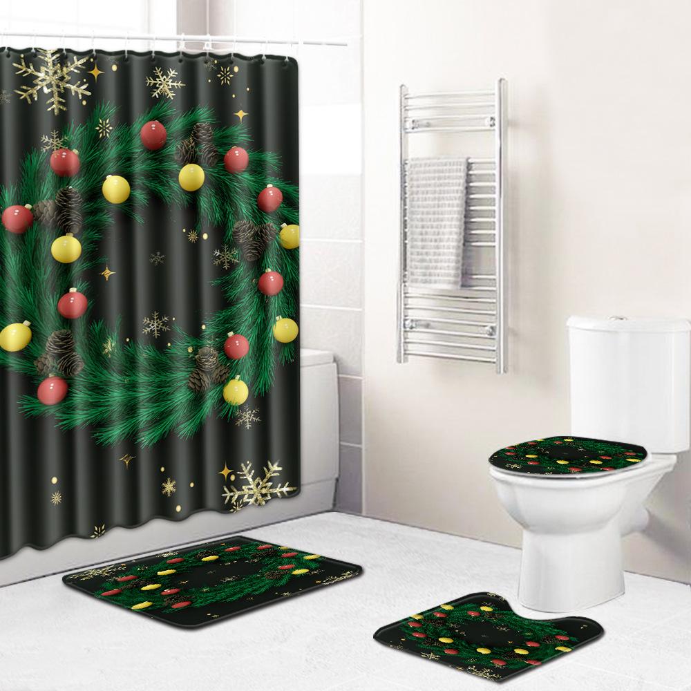 Christmas Shower Curtain Floor Mat Combination Four-Piece Set Bathroom Toilet Carpet Shower Room Mat Foot Mat
