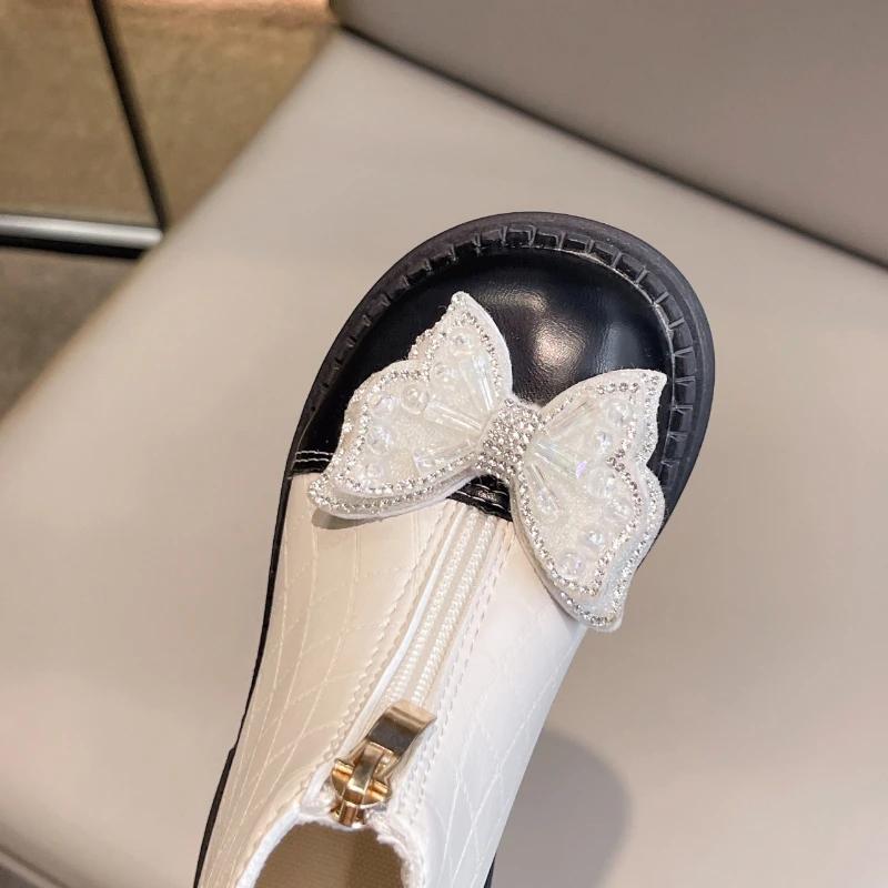 2024 Children Short Boots for Girls Autumn Winter New Princess Sweet Bowtie Soft Bottom Anti-slippery Versatile Zip Leather Shoe