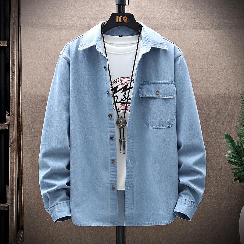Men's Classic Denim Workwear Shirt - Long-Sleeved, Casual, Versatile, Washed for Spring or Autumn.