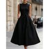 Women's Crew Neck Sleeveless Midi Dress Slim Fit Mid Waist Elegant Linen Blend Solid Color Button Front Tie Belt A-Line Dress