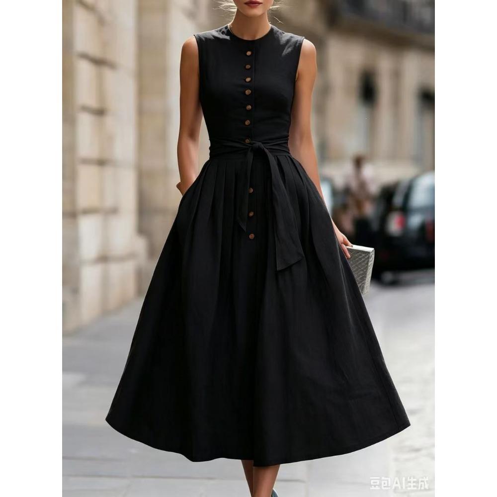 Women's Crew Neck Sleeveless Midi Dress Slim Fit Mid Waist Elegant Linen Blend Solid Color Button Front Tie Belt A-Line Dress
