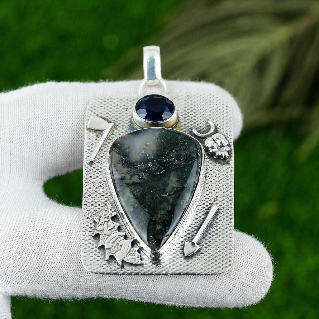 Natürlicher Solar Moos Achat Edelstein Schmuck 925 Sterling Silber Anhänger für Frauen