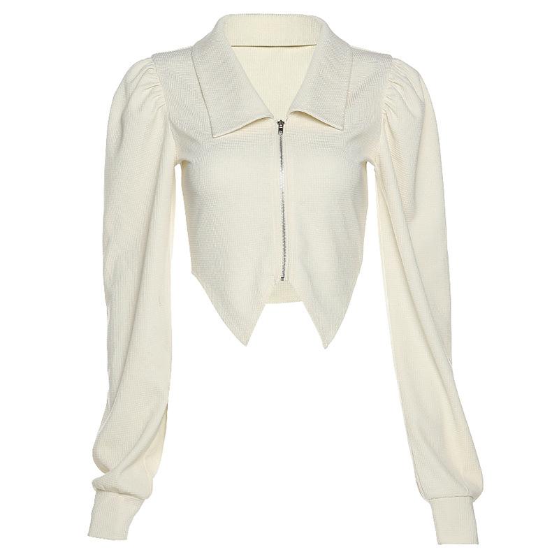 

Женский однотонный приталенный свитер в европейском и американском стиле на весну и осень с открытым пупком, модный свитер с длинными рукавами и застежкой-молнией с лацканами S абрикосовый