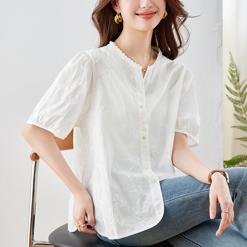 

Кружевная кружевная блузка с круглым вырезом для женщин, летняя одежда с короткими рукавами, новый стиль, легкая хлопковая вышитая рубашка XL
