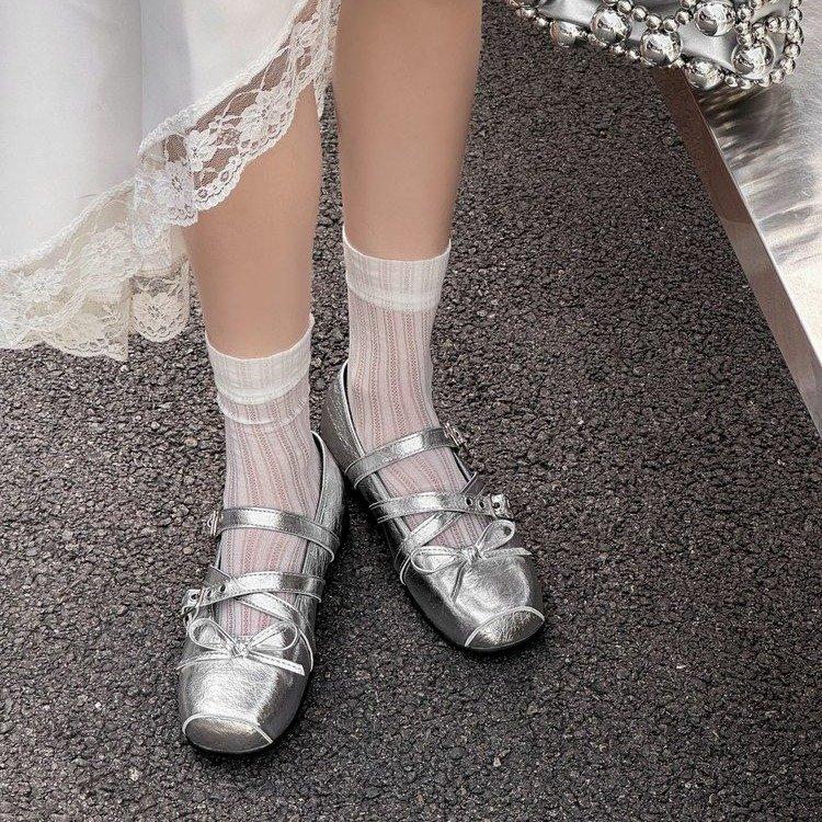 Mary Jane silver bow small single shoes women's 2025 new skirt French light mouth flat ballet shoes single shoes