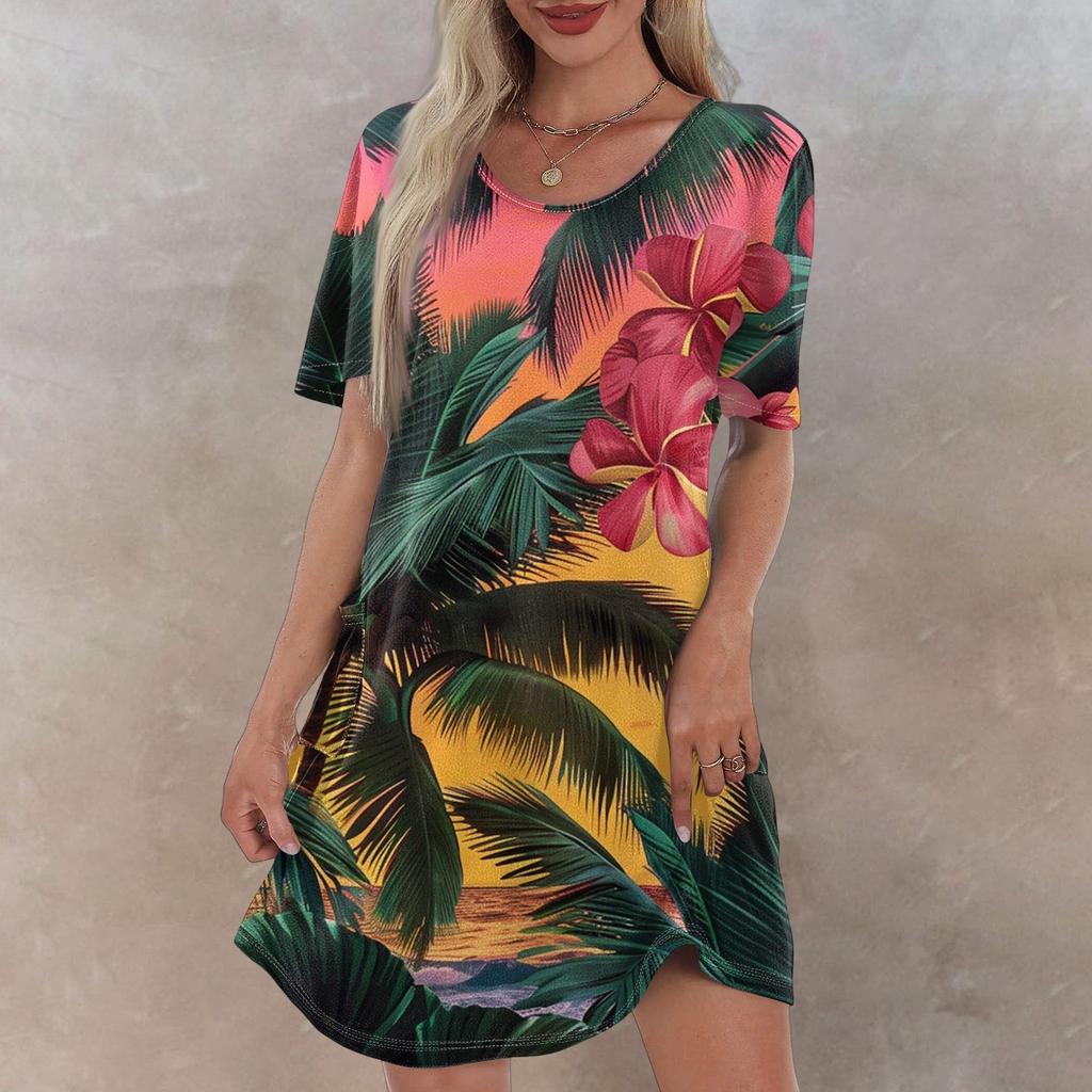 Women's Casual Fashion V-Neck Short Sleeve Hawaiian Print Pocket Dress