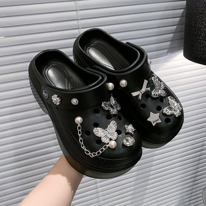 Fashion Bling Pearls Diamond Cute Bear Decor Vented Clogs Slides 7CM Platfrom Outdoor Beach Sandals Summer Girls Slippers Women Shoes