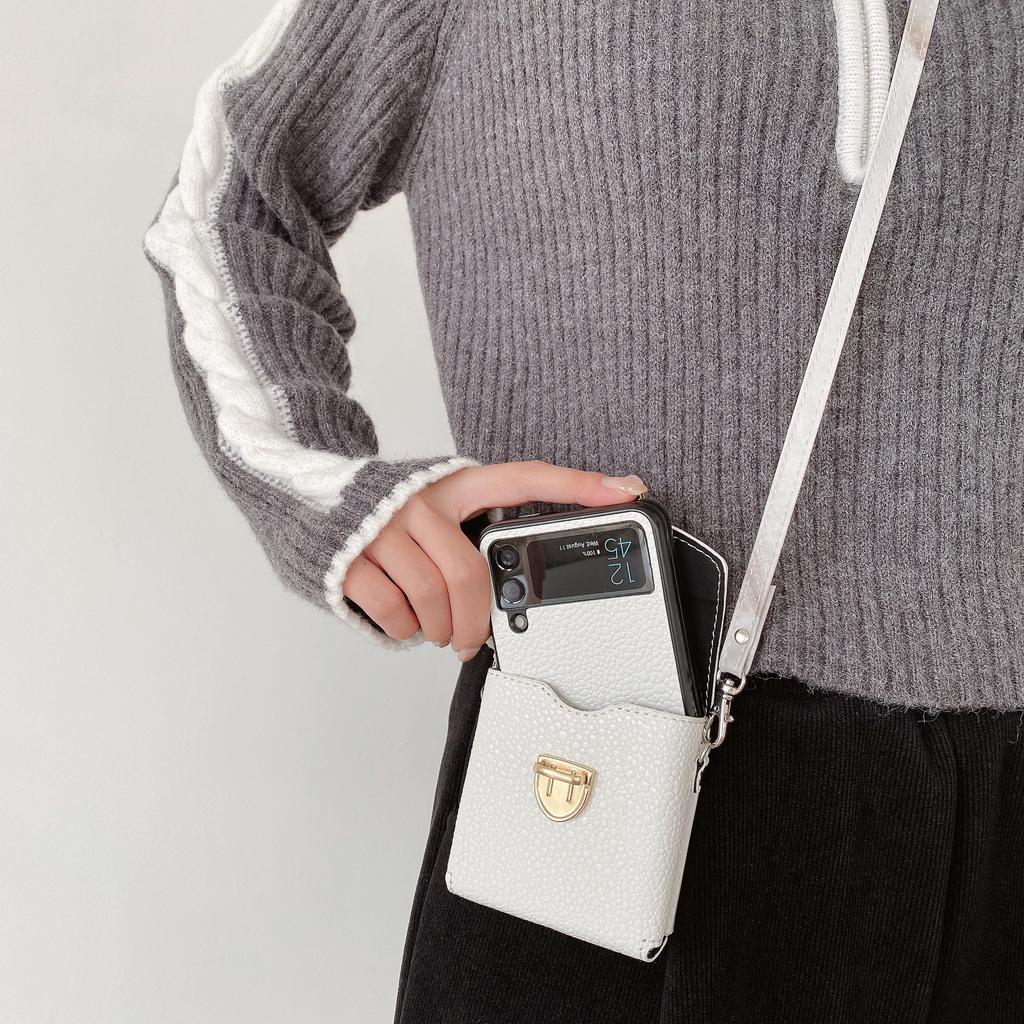 2 In 1 Crossbody Bag Phone Case for Samsung Galaxy Z Flip 5 3 4 Flip3 Flip4 Flip5 5G Case Shoulder Pouch Strap Leather Cover