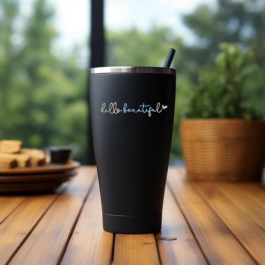 2 x Hello Beautiful Car Mirror Decal, Holographic Affirmation Sticker, Rearview Mirror Decal, Cute Vinyl, Holographic Tumbler Sticker, Water Bottle