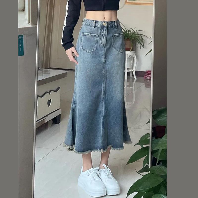 

Летняя длинная джинсовая юбка, женская корейская мода, джинсовая юбка средней длины с высокой талией, синие свободные ковбойские юбки средней длины XL синий