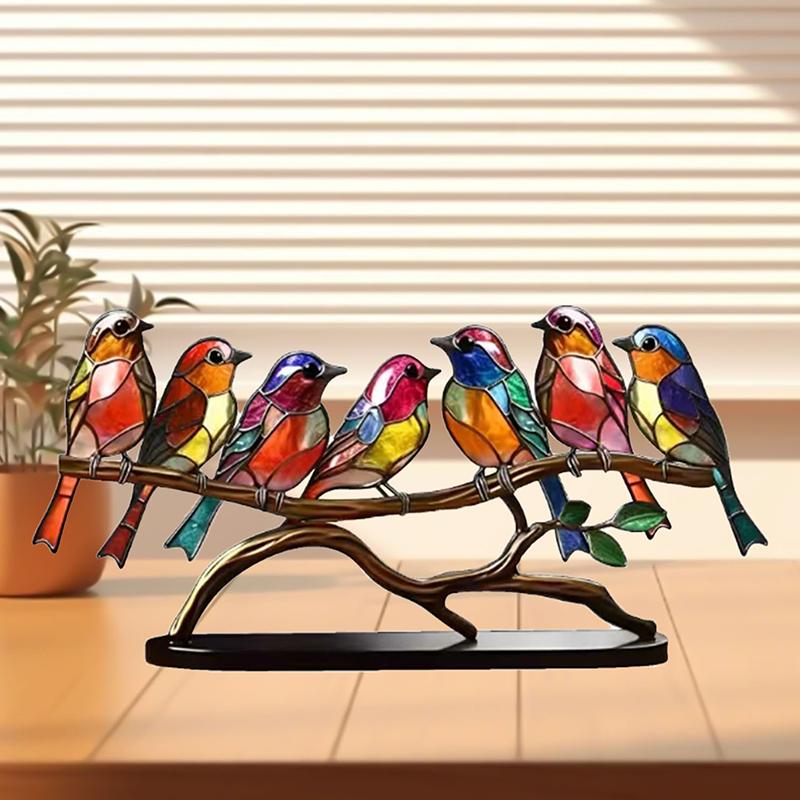 Stained Acrylic Birds On Branch Desktop Ornaments, Double Sided Multicolor Style Birds Craft Statue Desktop Ornaments