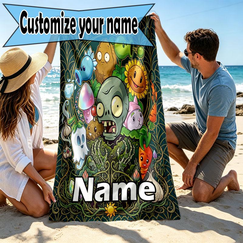 Custom Name Personalized Plants VS Zombies Print Beach Towel, for Trip Camping Beach Party Home Decor, Birthday Gift for Family & Friends