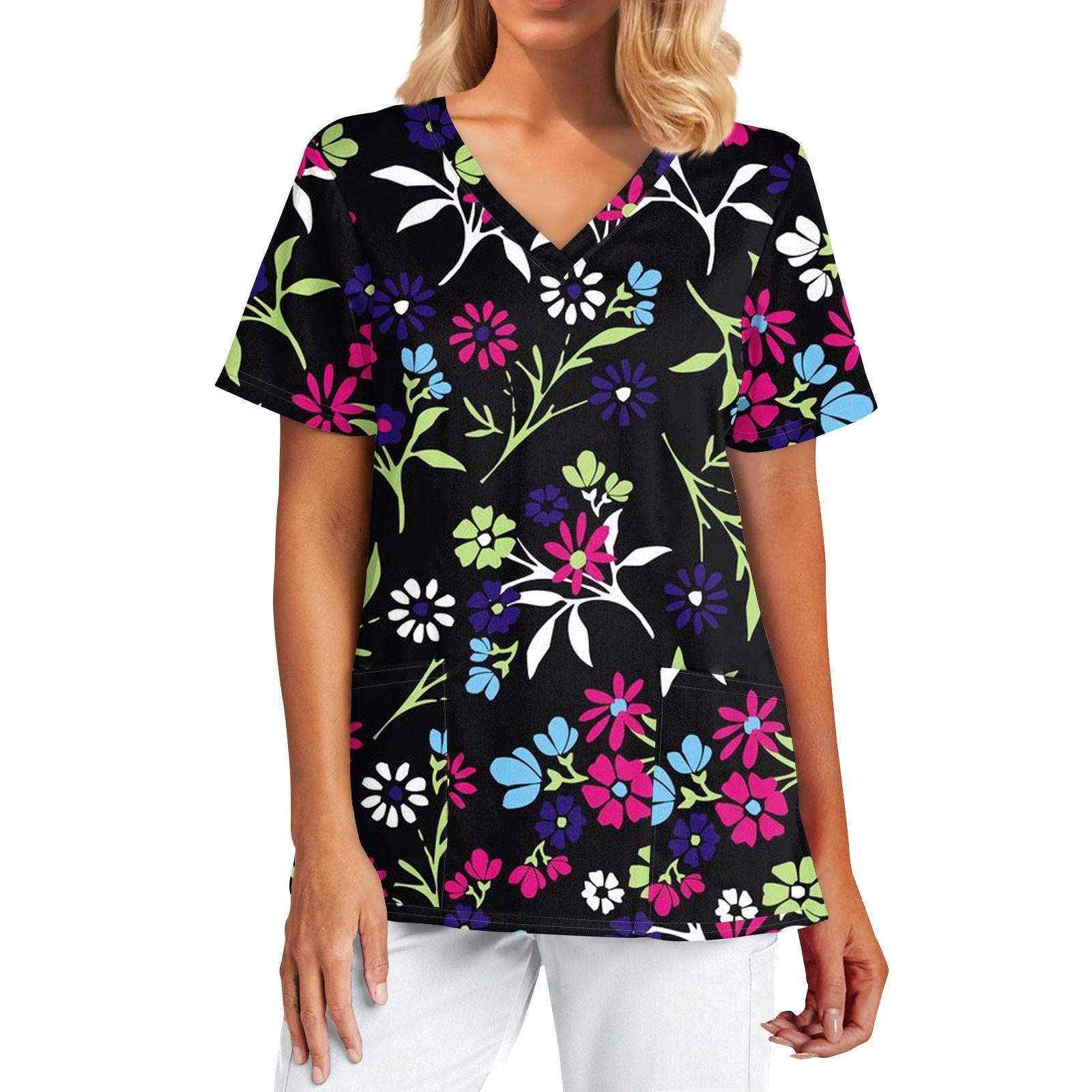 Women s Fashion Print Short Sleeve V Neck Pocket  Top L