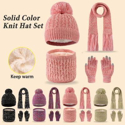 Ensemble 3 Pièces Chapeau Écharpe Gants Enfant Motif Torsadé Arc-en-ciel Décor Pompon Peluche Chapeau Tricoté Longue Écharpe Ensemble Gants d'Hiver
