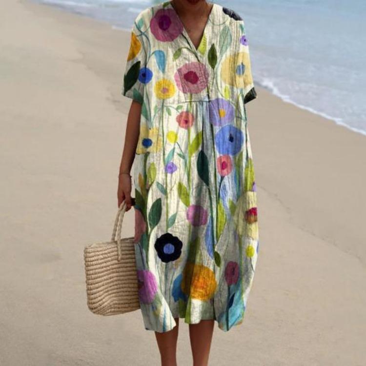 Vintage Floral Print Bohemian Summer Dress Women Loose V Neck Short Sleeves Knee Length A Line Beach Dating Midi Dress