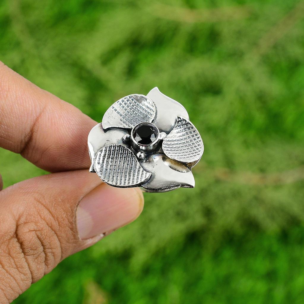 Gift For Her Natural Black Onyx Statement Flower Adjustable Ring 925 Silver