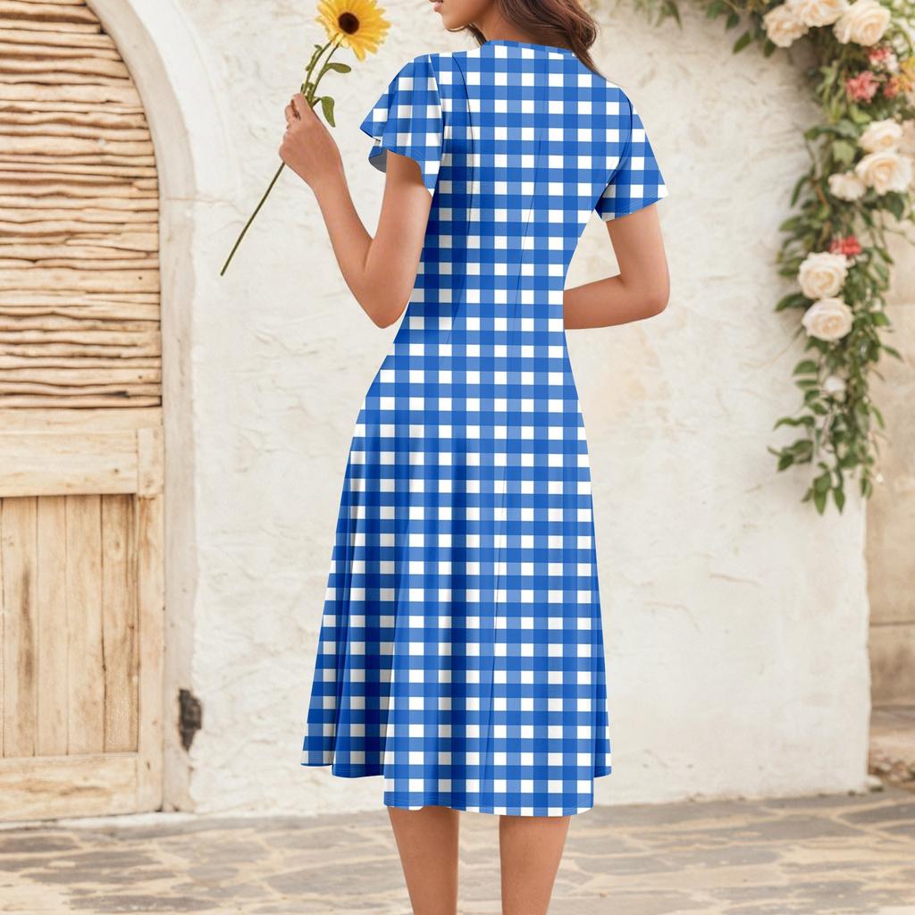 Rochie Midi Elegantă Retro de Vară pentru Femei cu Mâneci Volan V-Gât