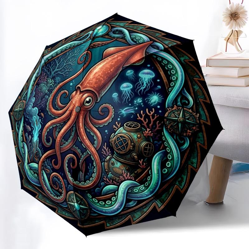 Ocean Mystery Squid pattern umbrella, portable and foldable design, 8 ribs, a casual accessory for Halloween, Christmas, and birthday gifts.