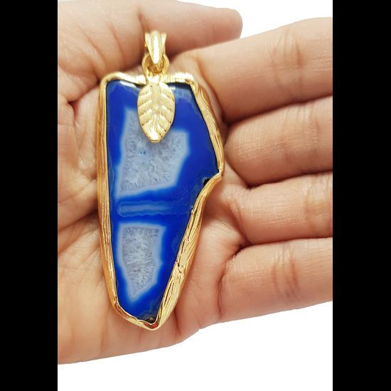 Breezing Bird ## Blue Agate Slice Agate Jewelry, Bohemian Jewelry Gift For Her, Natural Druzy Agate Quartz Pendant, Blue Agate Druzy Pendant